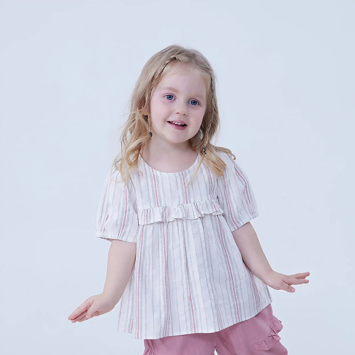 Pink Striped Linen Blouse For Baby Girl Image