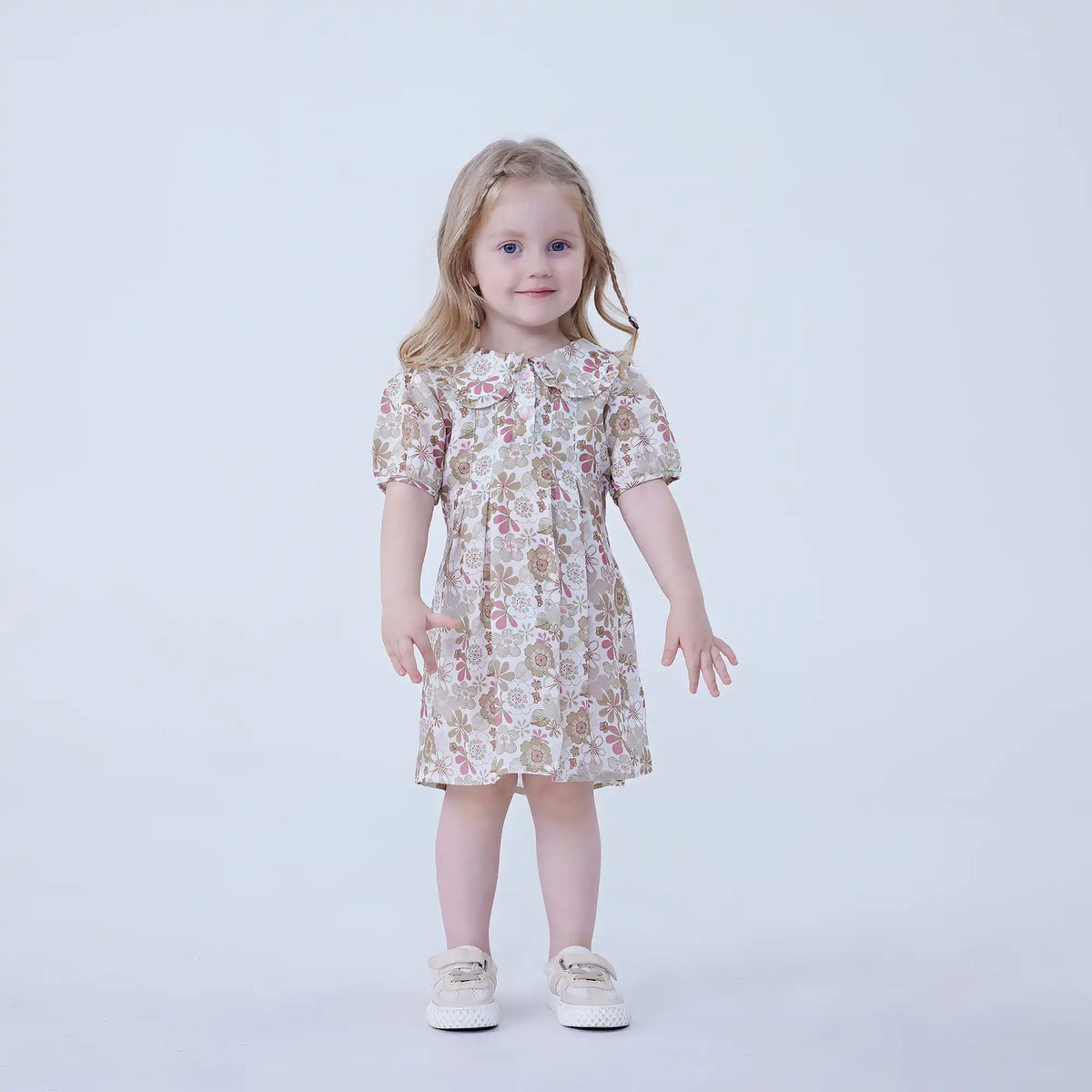 Beige Floral Linen Dress For Baby Girl Image