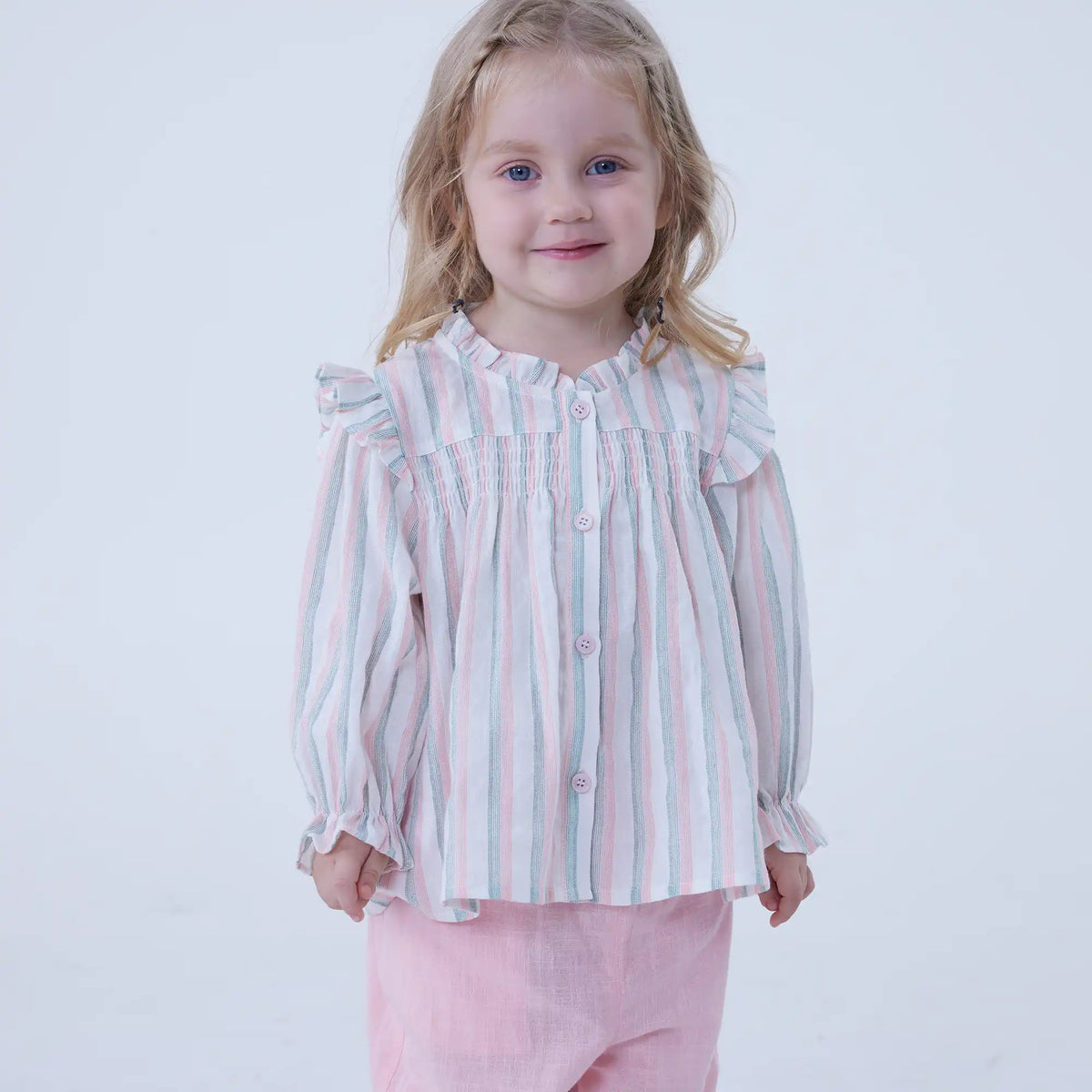 Pink Striped Linen Shirt For Baby Girl Image