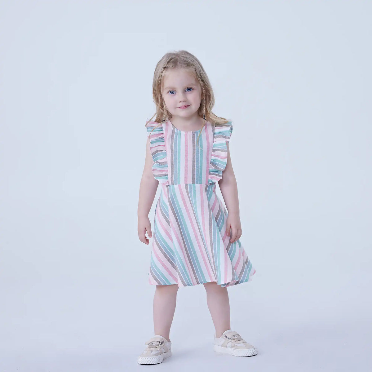 Green Striped Linen Dress For Baby Girl Image
