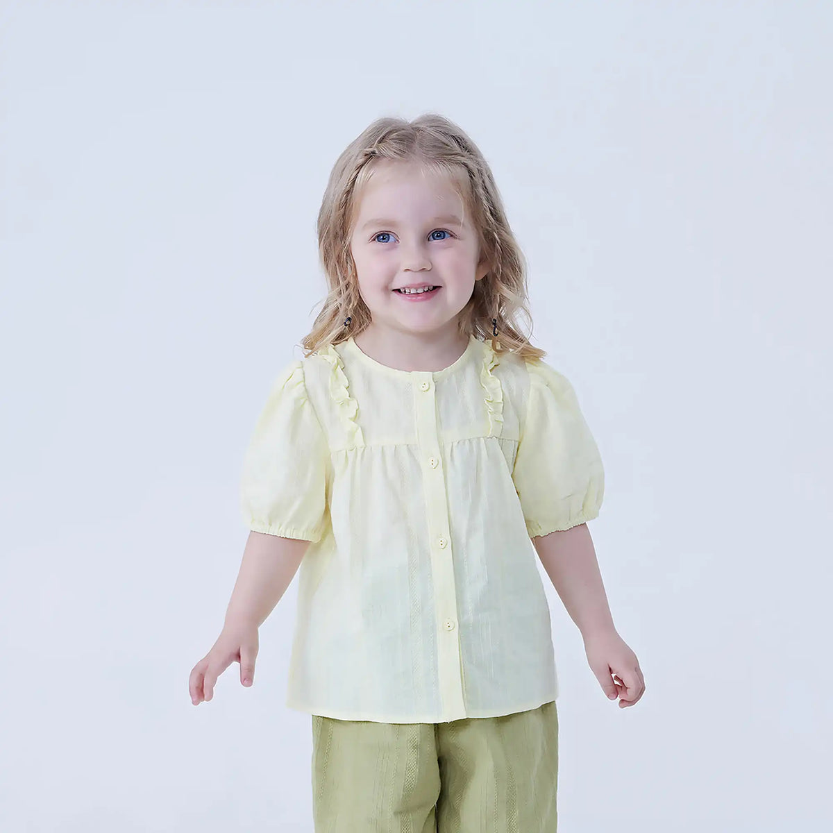 Yellow Jacquard Linen Shirt For Baby Girl Image