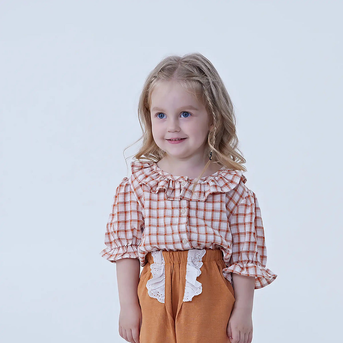 Orange Checked Linen Shirt For Baby Girl Image
