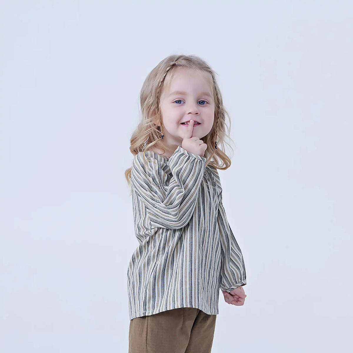 Coffee Striped Linen Blouse For Baby Girl Image