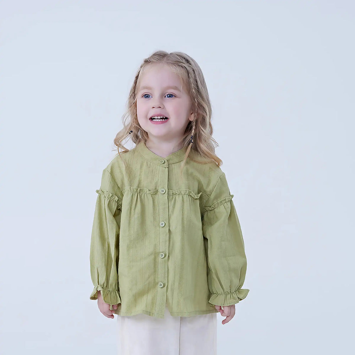 Grass Green Jacquard Linen Shirt For Baby Girl Image