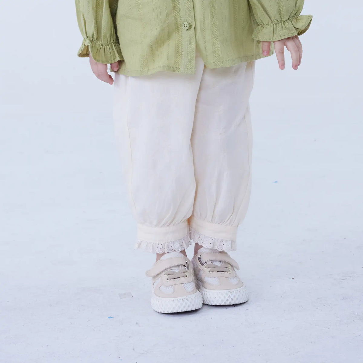 Light Beige Ankle-Tied Linen Pants For Baby Girl Image