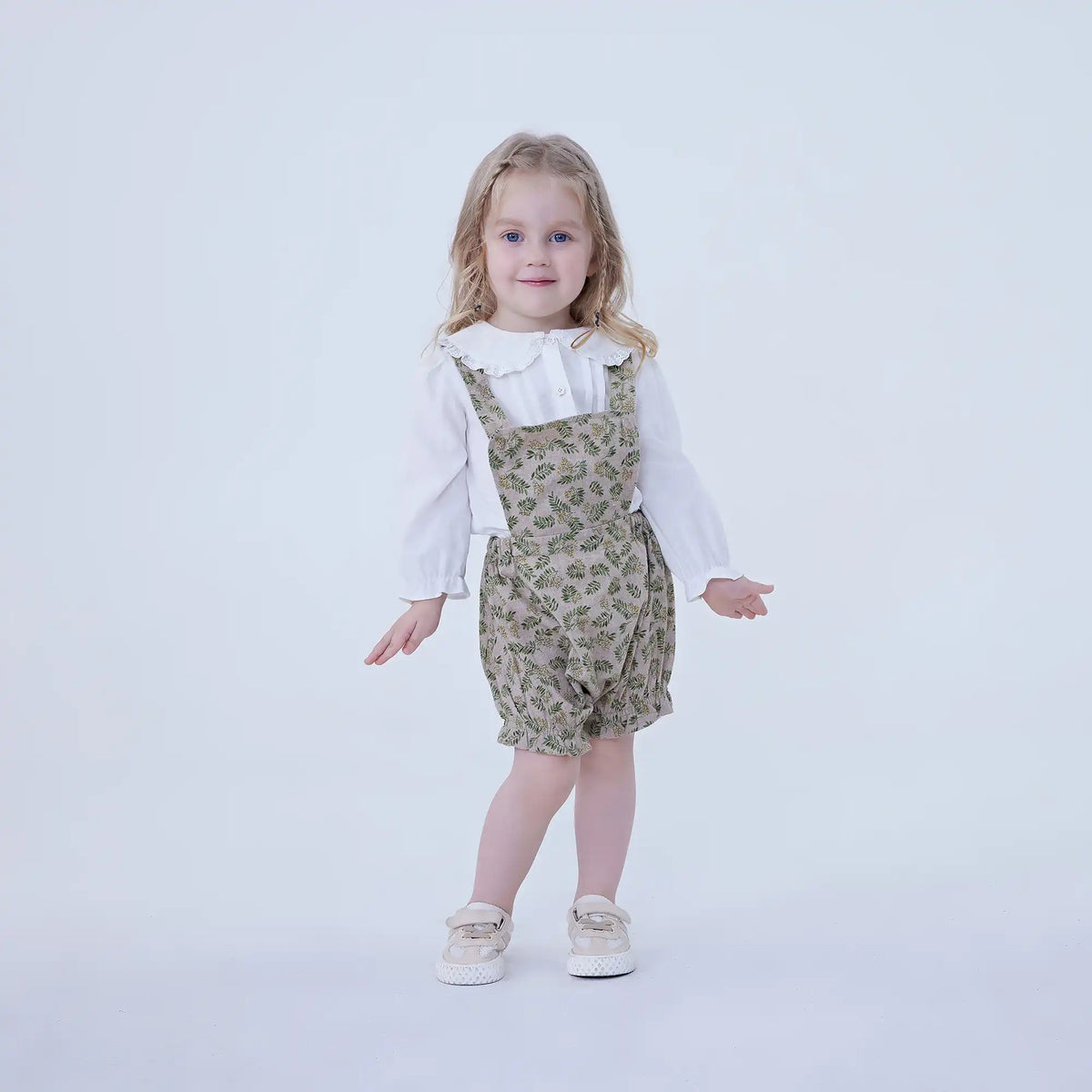 Green Floral Linen Overalls For Baby Girl Image