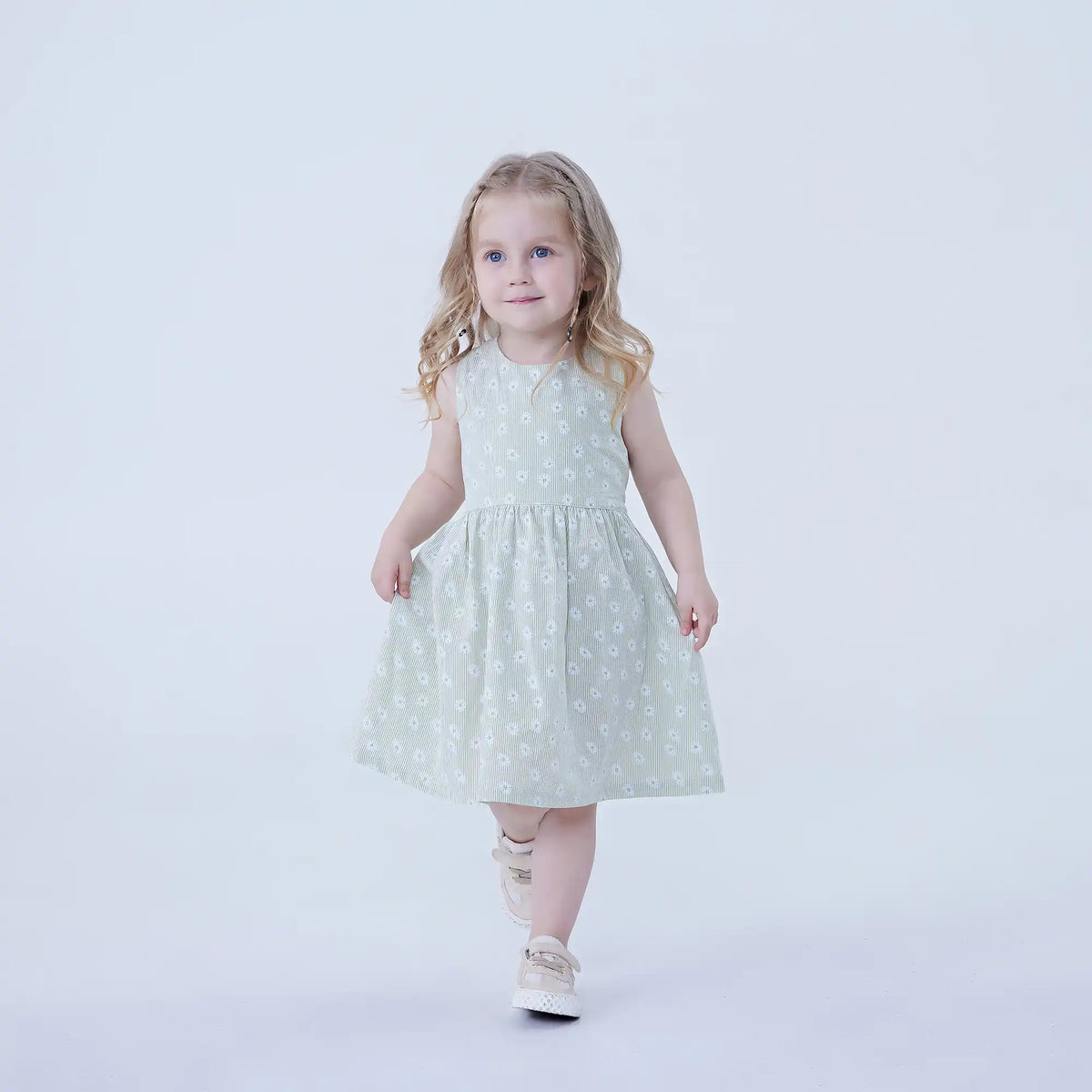 Green Floral Linen Dress For Baby Girl Image