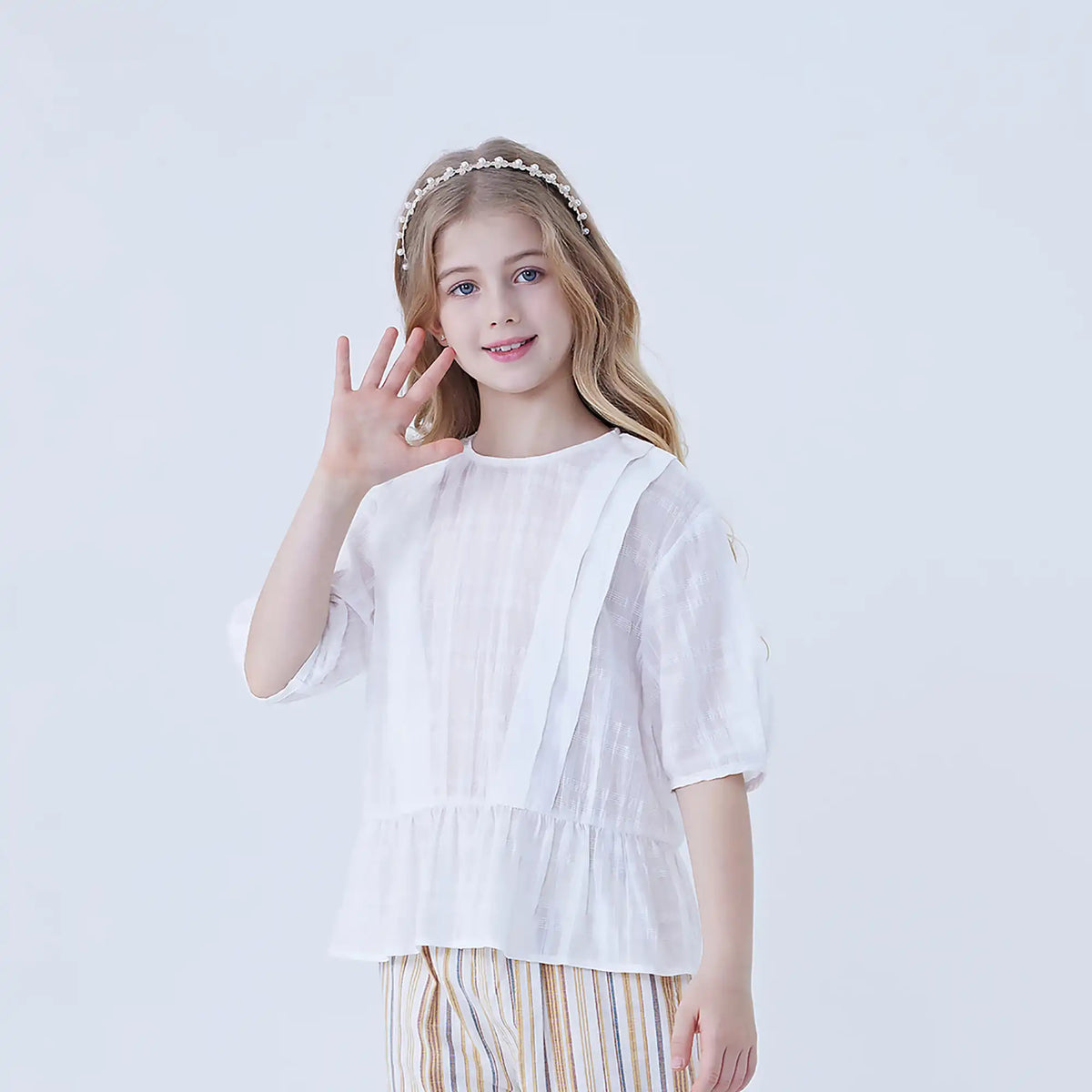 White Checked Linen Blouse For Girls Image