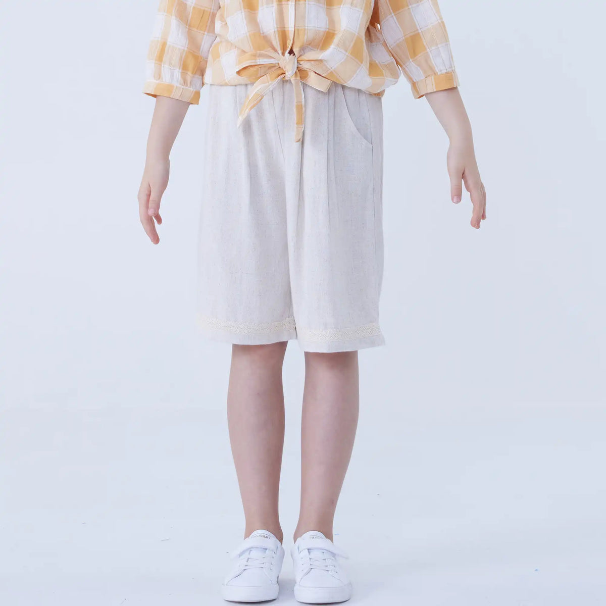 Light Beige Baggy Linen Shorts For Girls Image