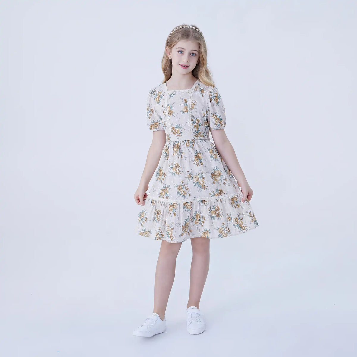 Coffee Floral Linen Dress For Girls Image