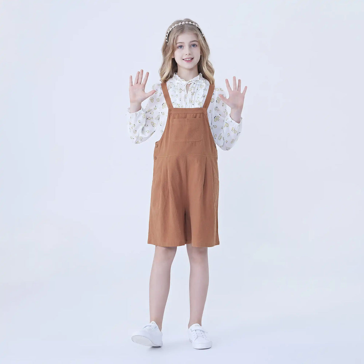 Khaki Plain Linen Overalls For Girls Image