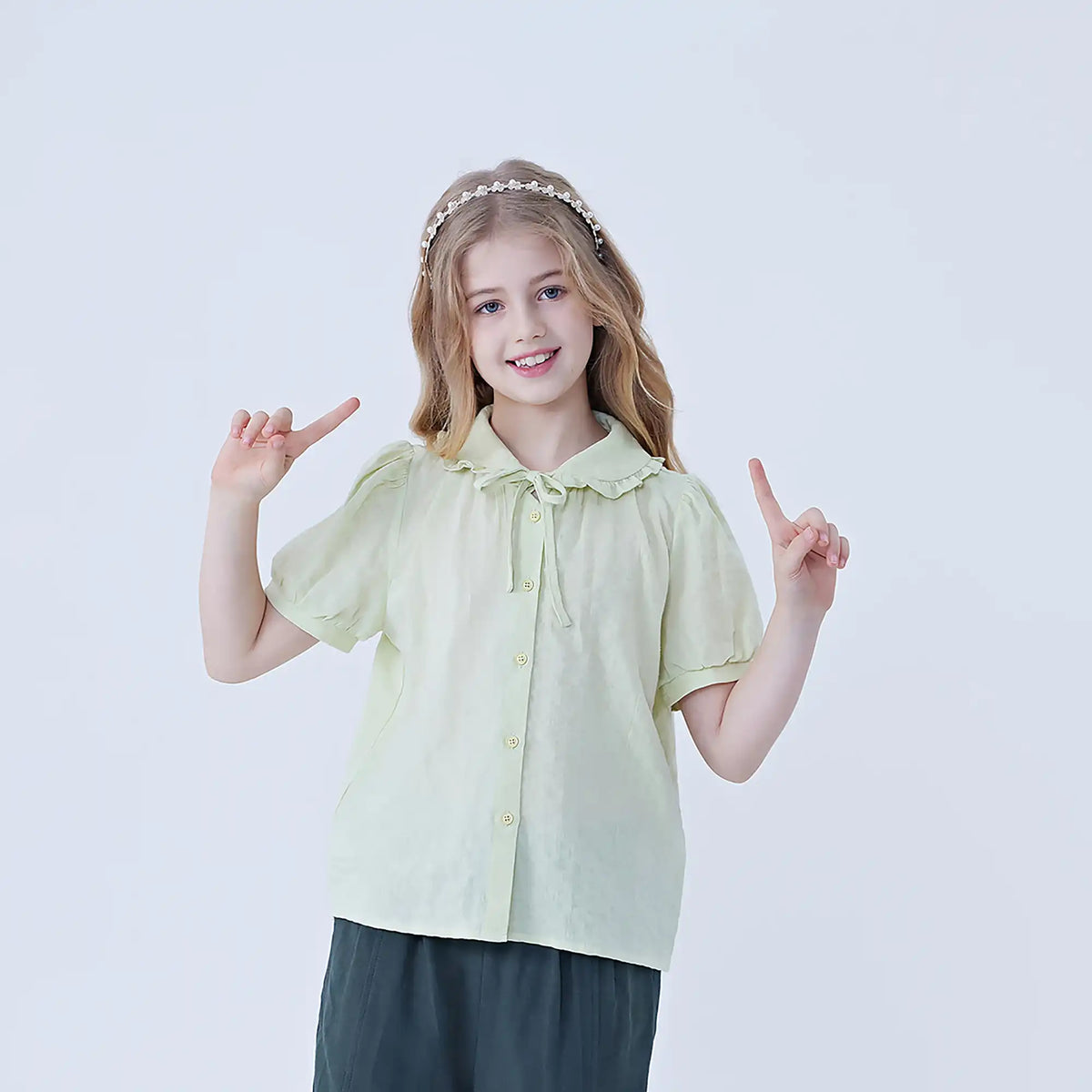 Light Green Jacquard Linen Shirt For Girls Image
