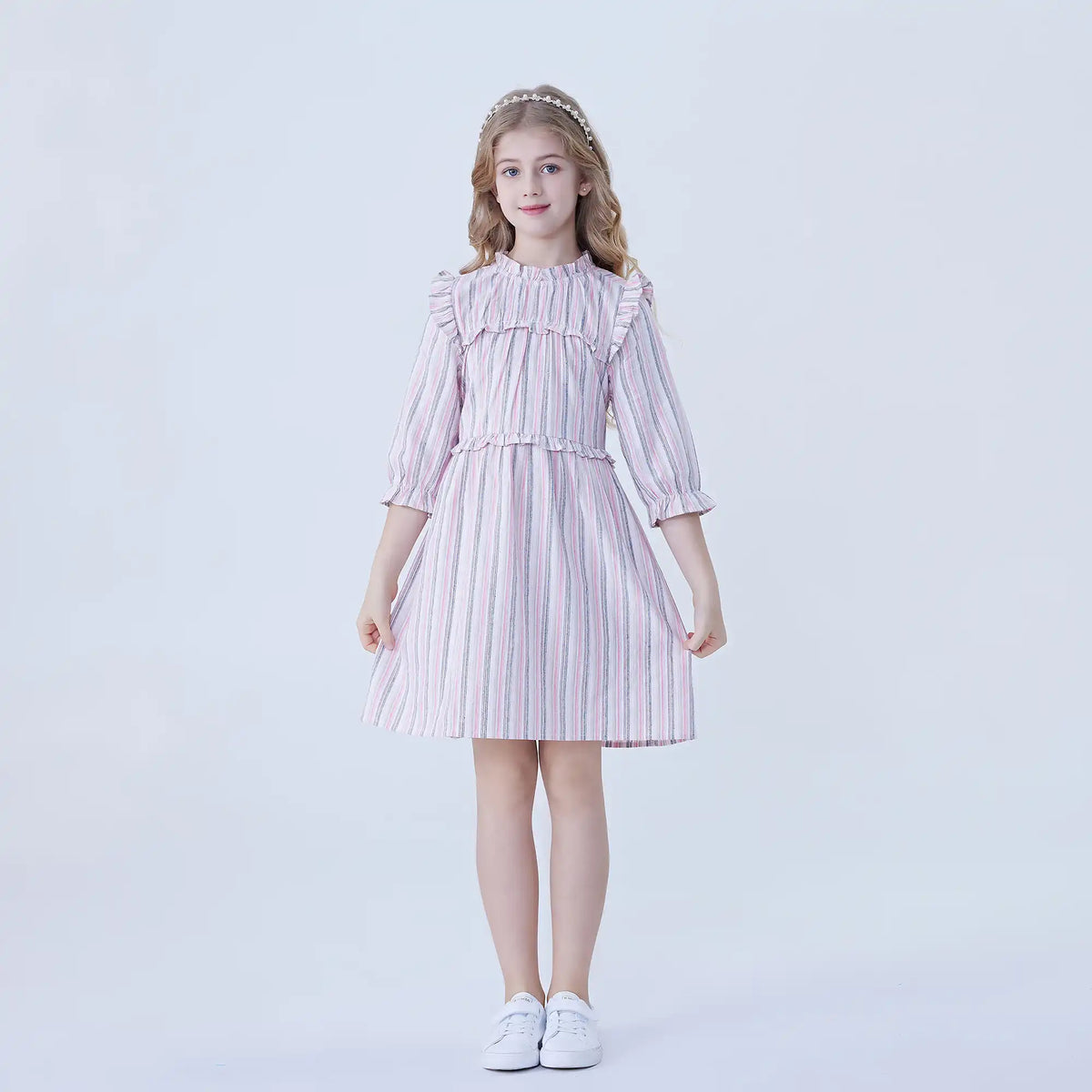 Pink Striped Linen Dress For Girls Image