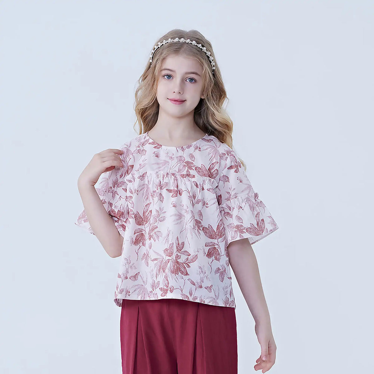 100 | 3Y Maroon 100 | 3Y,36,63,18.5,- Floral Linen Blouse For Girls Image