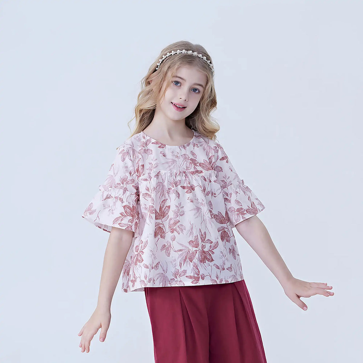 Floral Linen Blouse For Girls Image