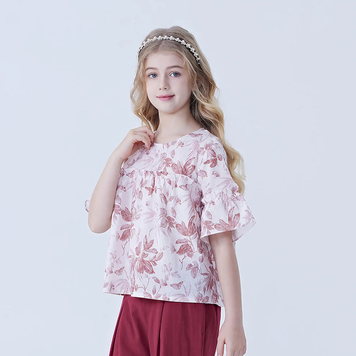 Floral Linen Blouse For Girls Image