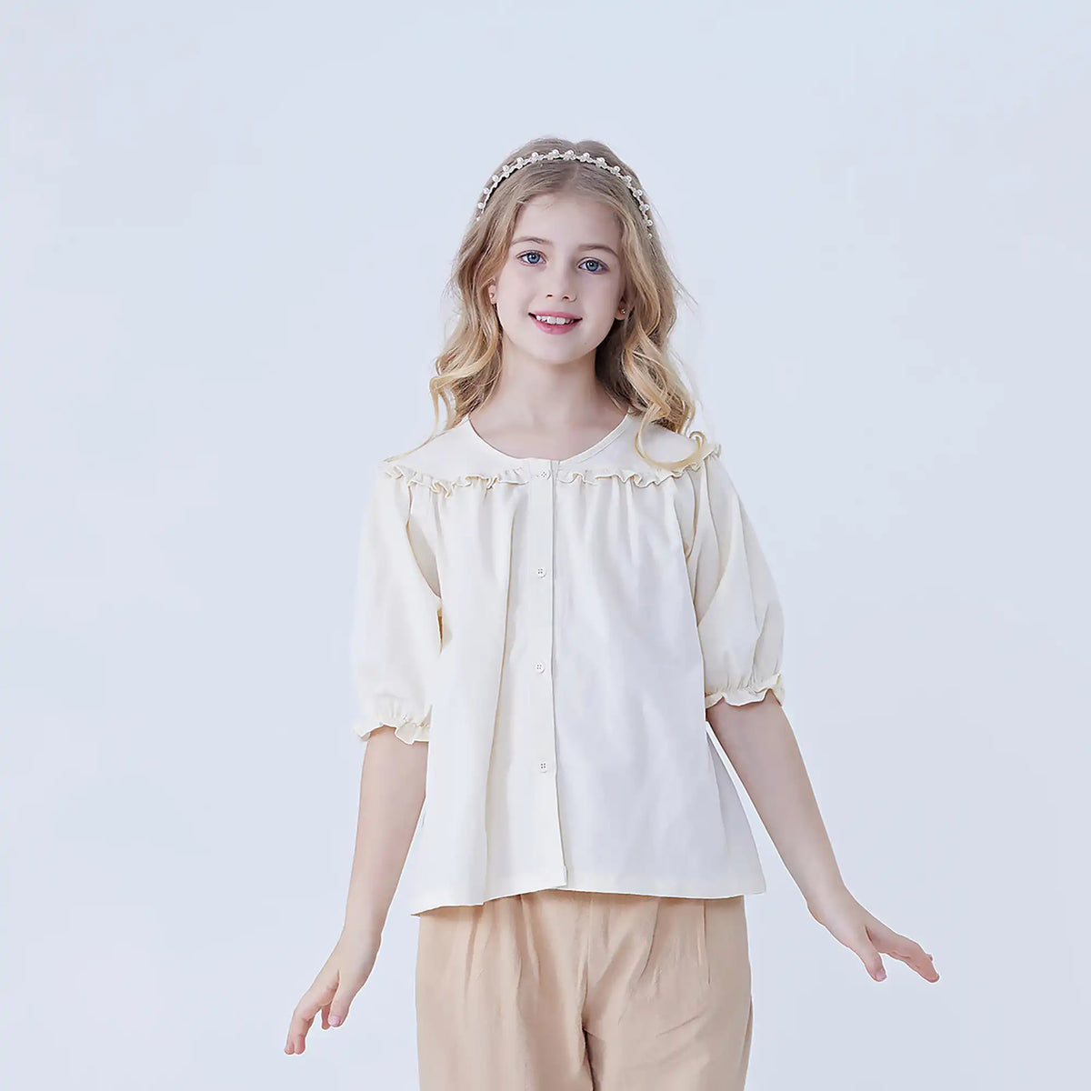 Light Yellow Jacquard Linen Shirt For Girls Image