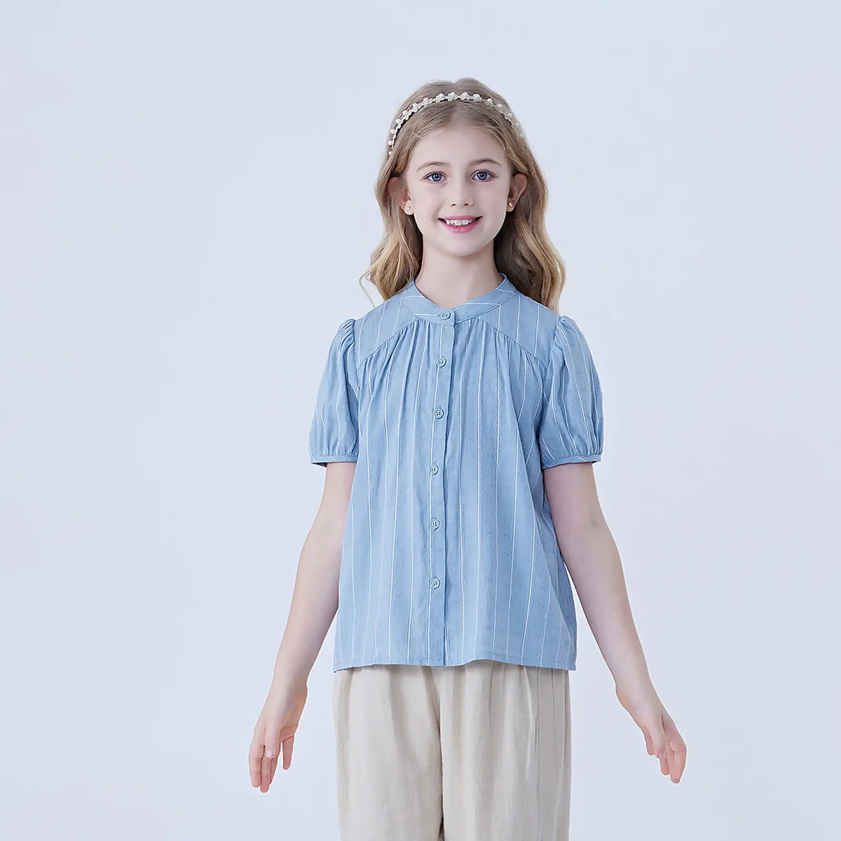 Blue Striped Linen Shirt For Girls Image