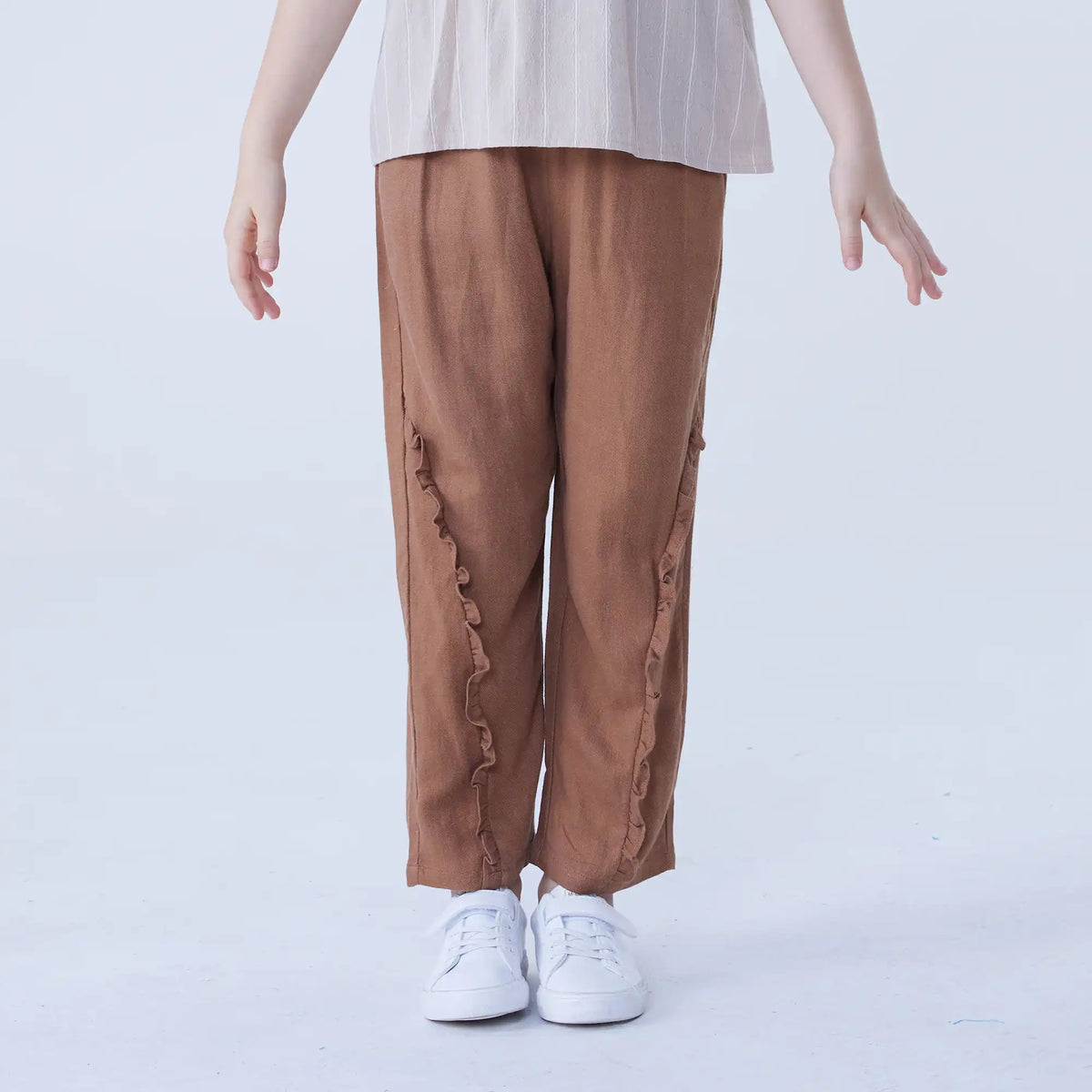 Brown Straight-Leg Linen Pants For Girls Image