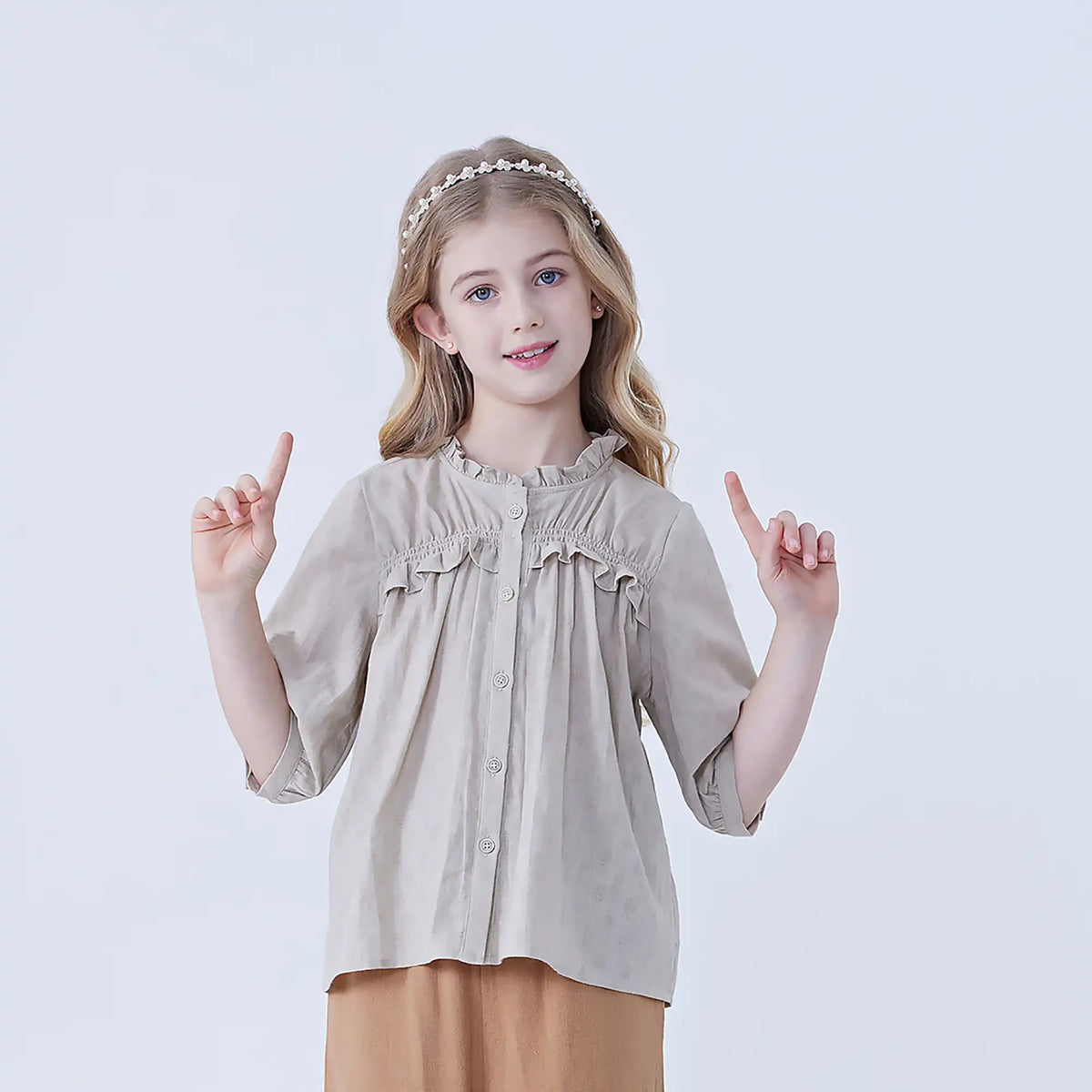 Beige Jacquard Linen Shirt For Girls Image