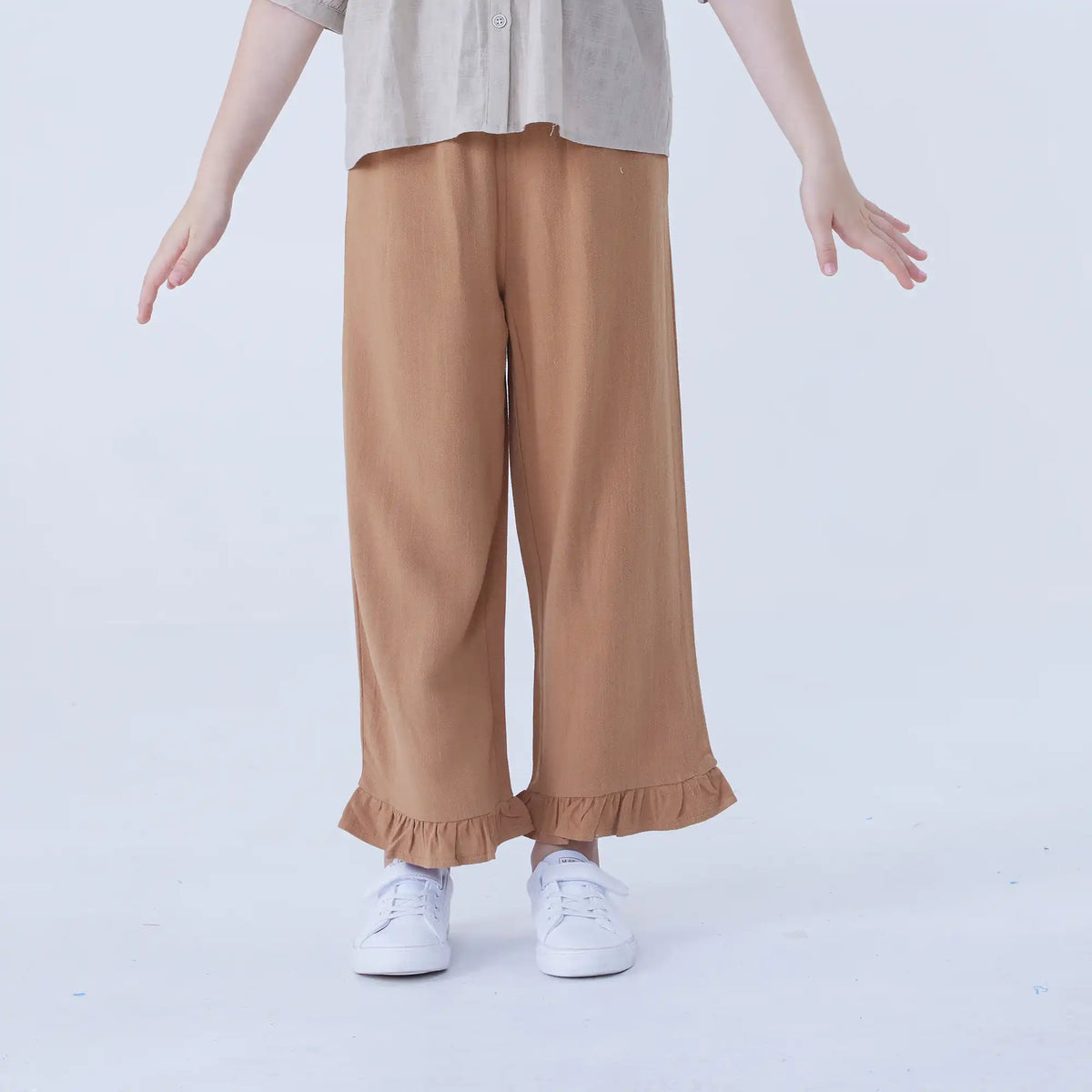 Brown Bell-bottom Linen Pants For Girls Image