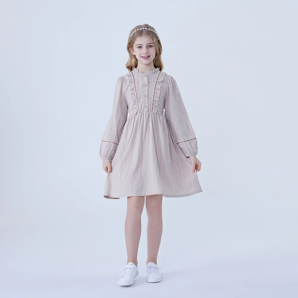 Beige Striped Linen Dress For Girls Image