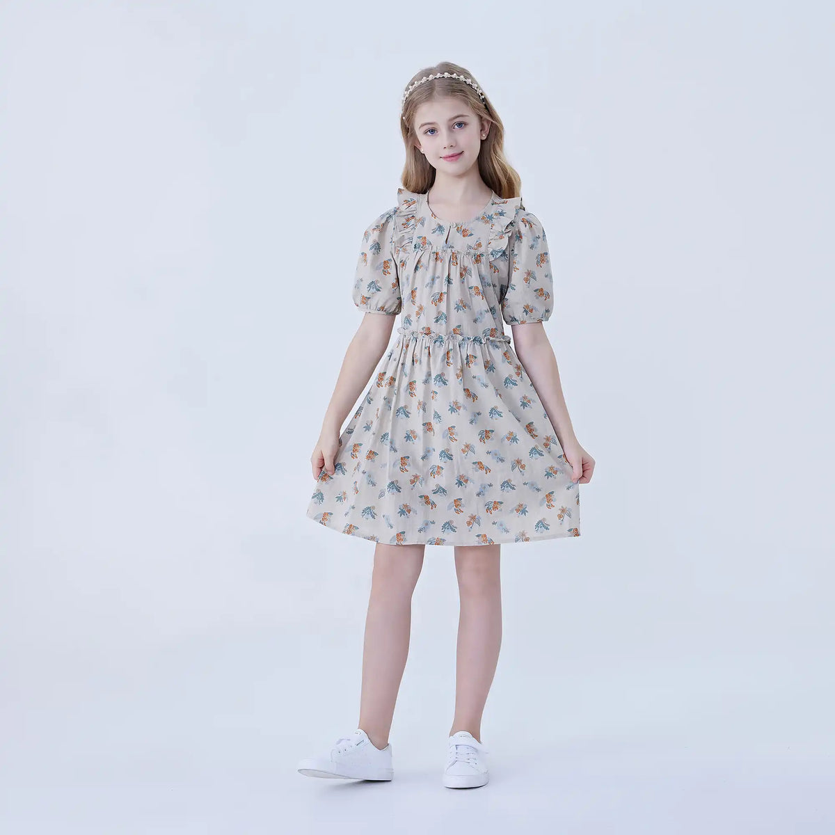 Yellow Floral Linen Dress For Girls Image