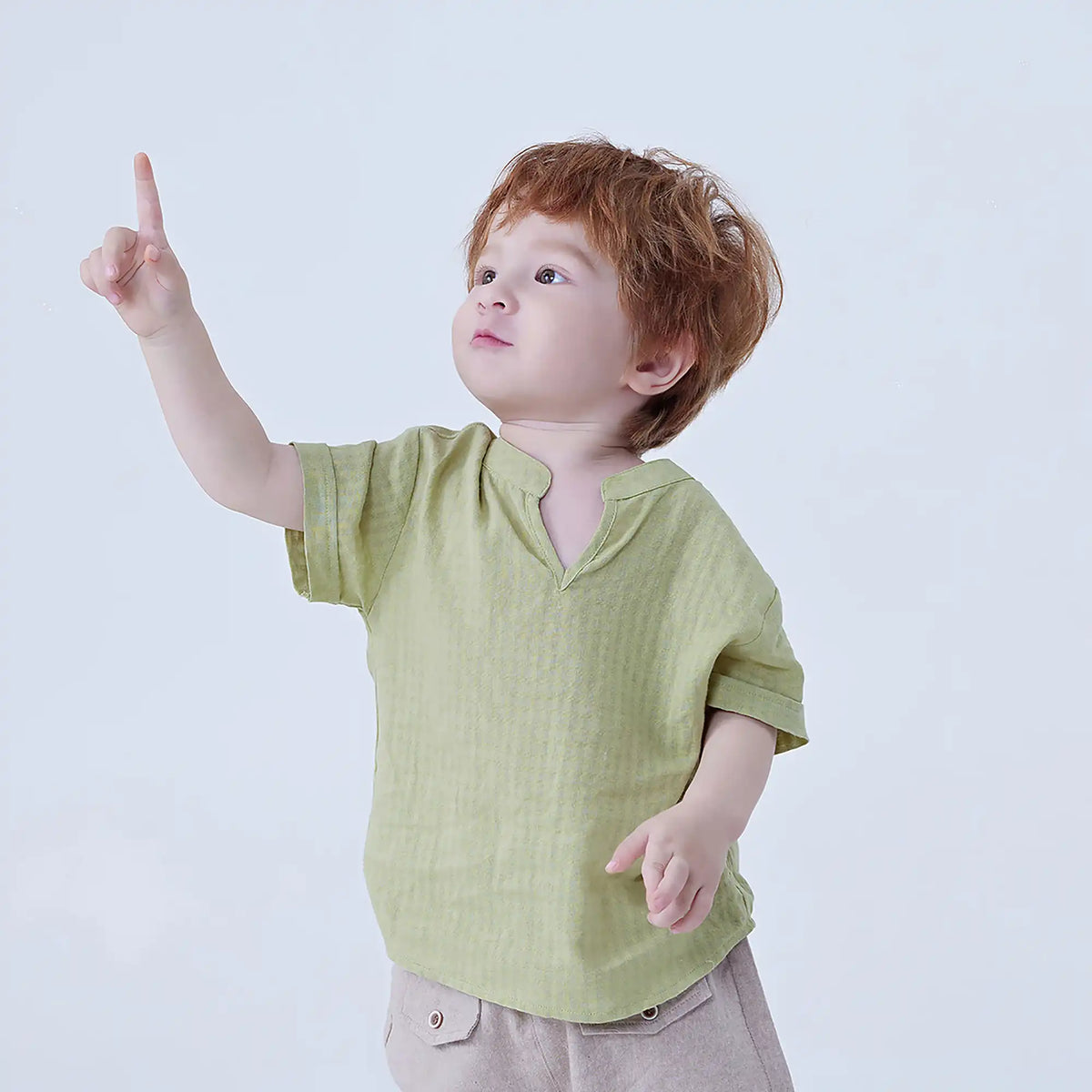 Green Checked Linen Blouse For Baby Boy Image