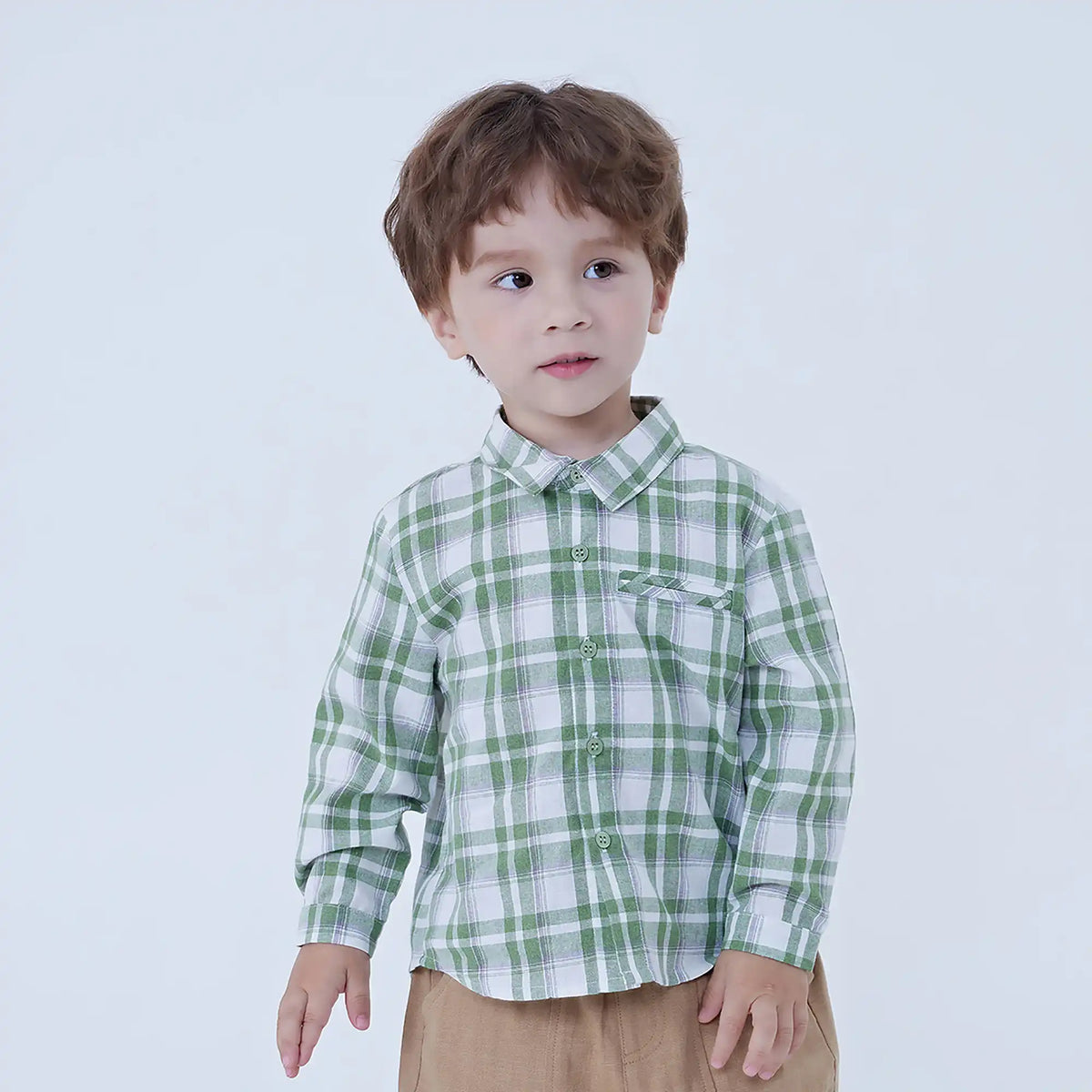 Green Checked Linen Shirt For Baby Boy Image
