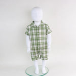 Green Checked Linen Romper For Baby Boy Image