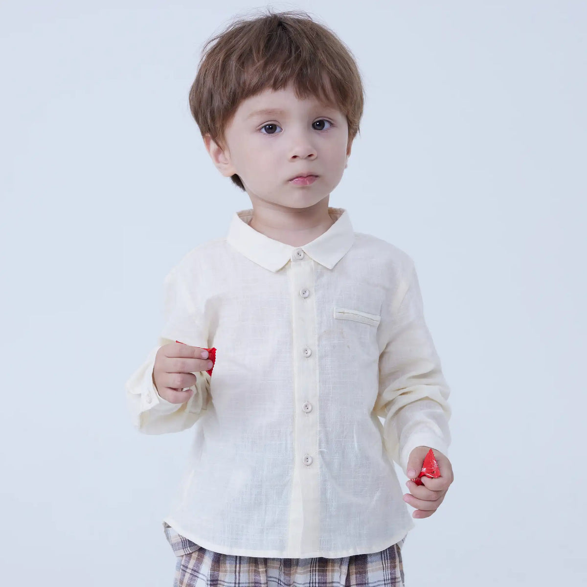 Light Beige Plain Linen Shirt For Baby Boy Image