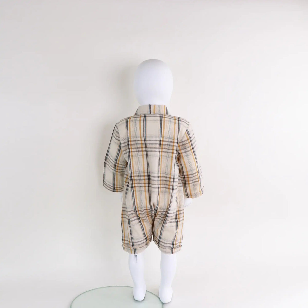Yellow Checked Linen Romper For Baby Boy Image