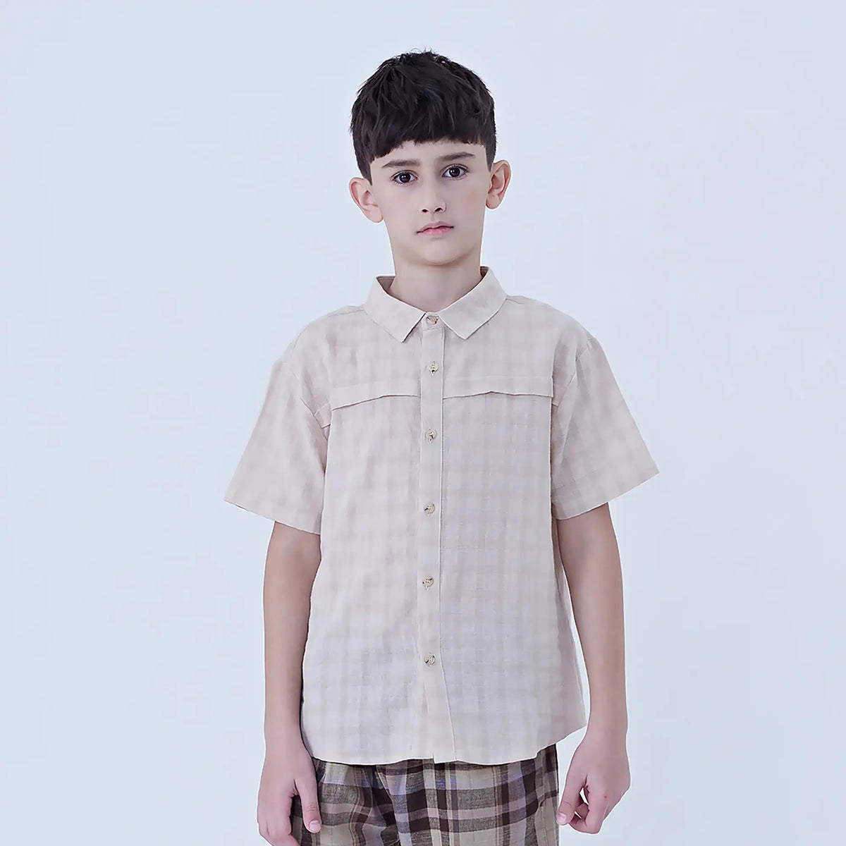 Beige Checked Linen Shirt For Boys Image