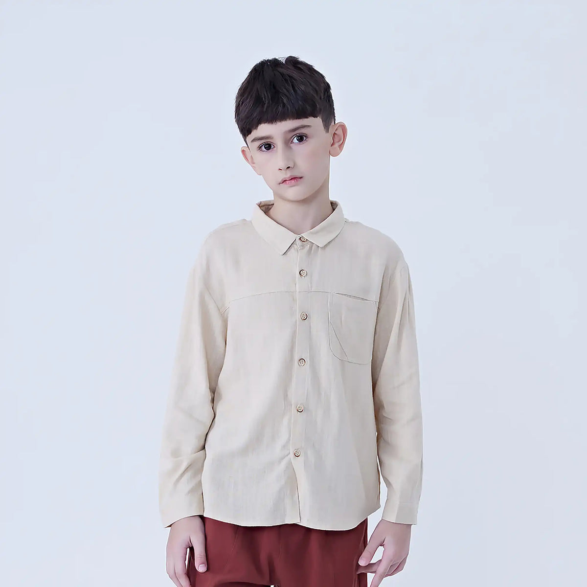 Beige Plain Linen Shirt For Boys Image