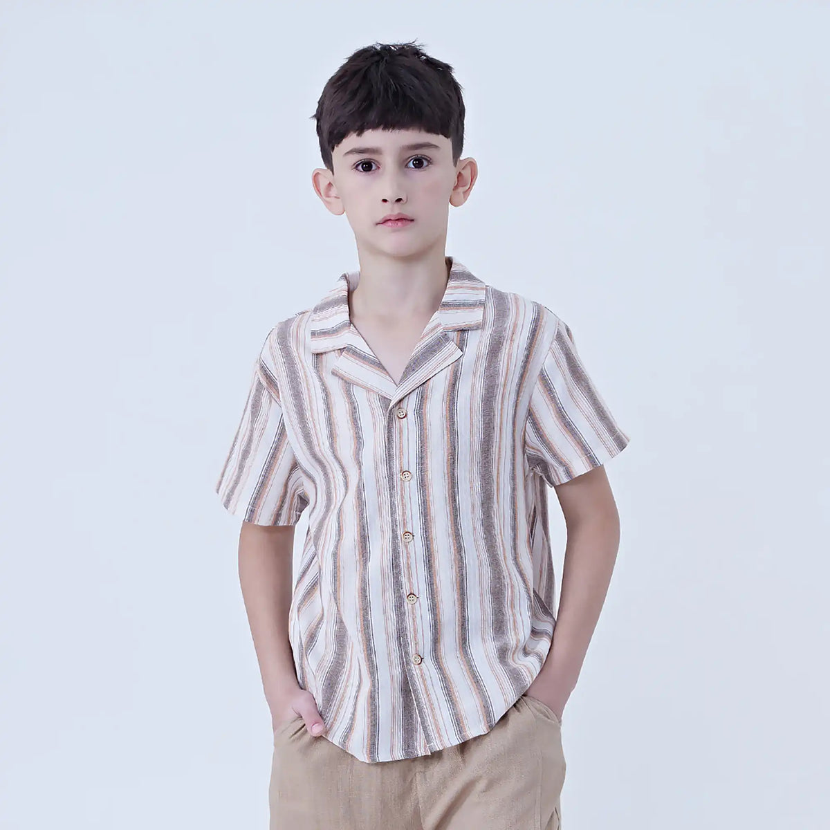 Beige Striped Linen Shirt For Boys Image