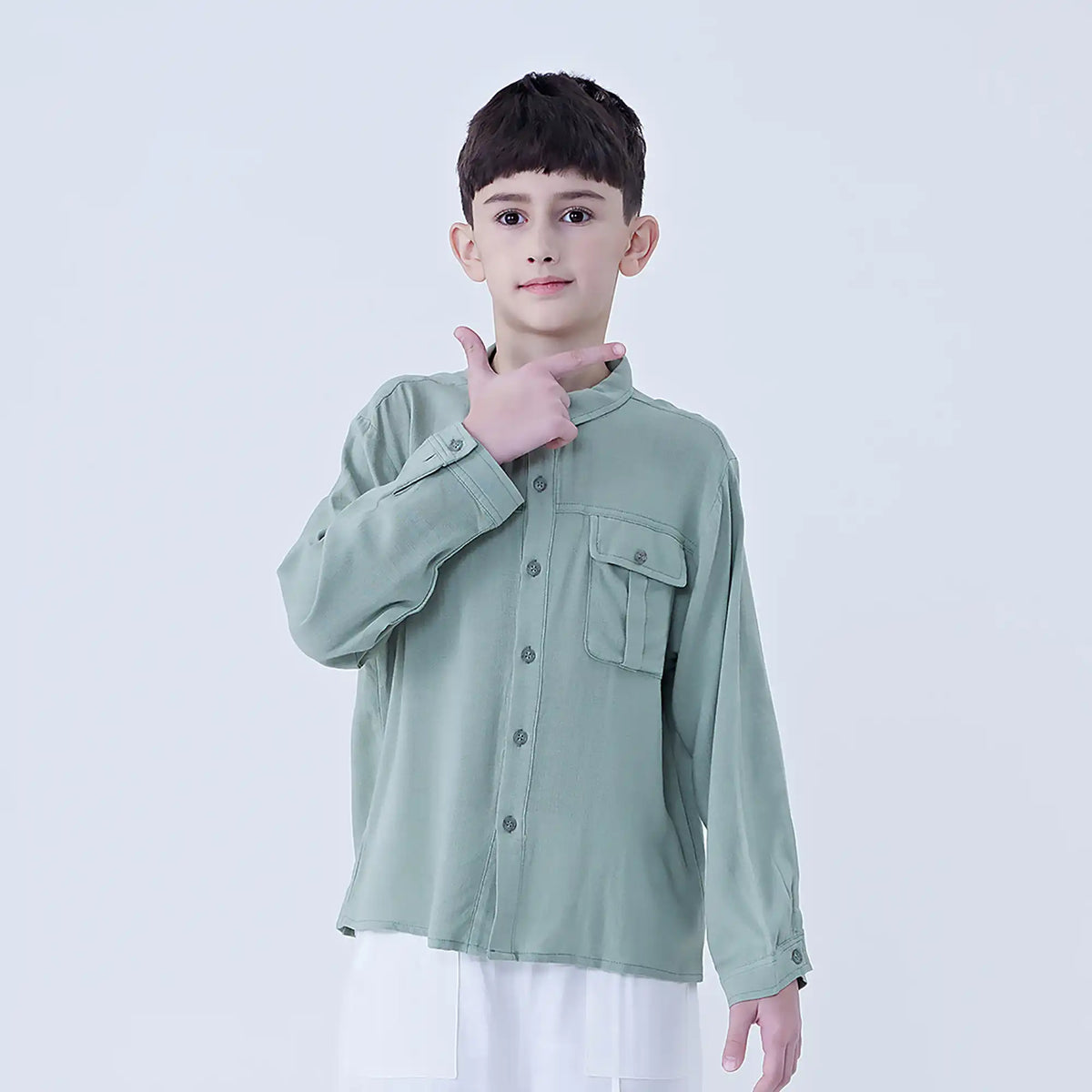 Green Plain Linen Shirt For Boys Image