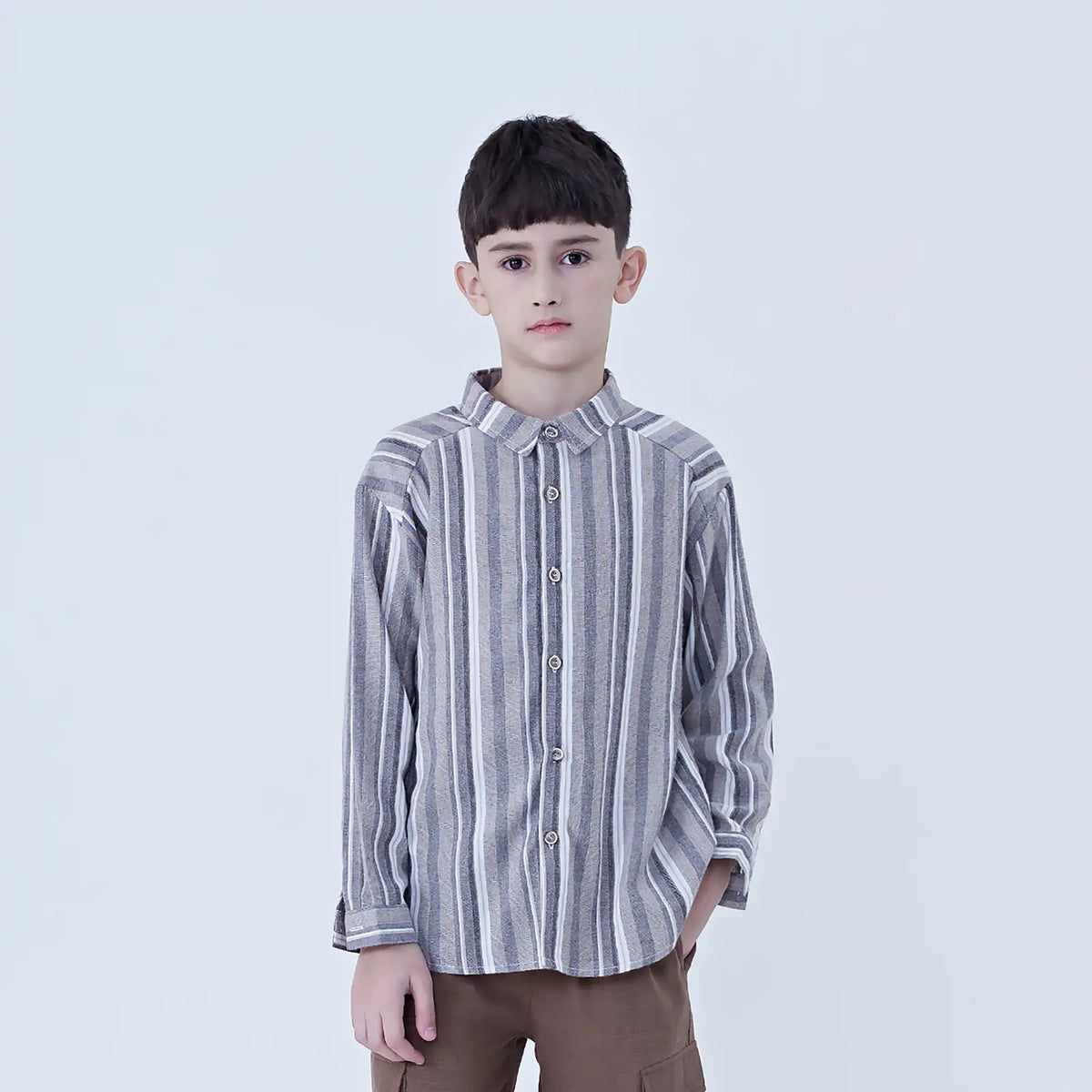 Dark Gray Striped Linen Shirt For Boys Image