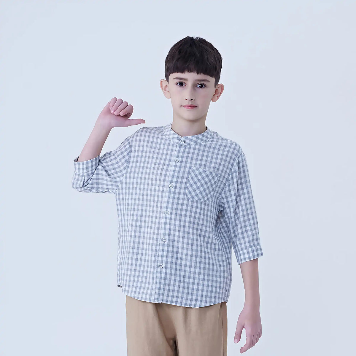 Gray Checked Linen Shirt For Boys Image