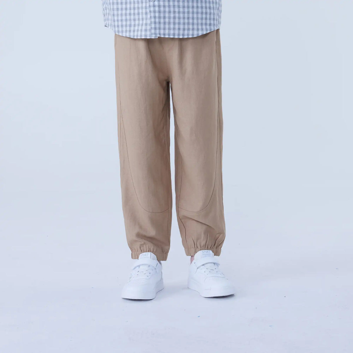Dark Beige Ankle-Tied Linen Pants For Boys Image