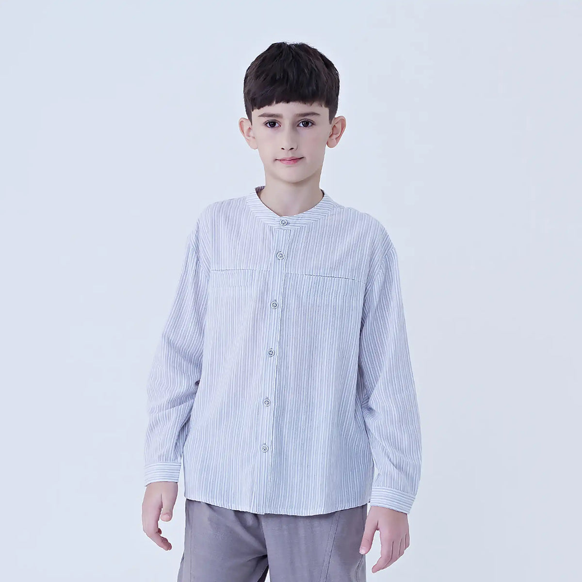 Gray Striped Linen Shirt For Boys Image