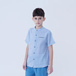 Blue Checked Linen Shirt For Boys Image
