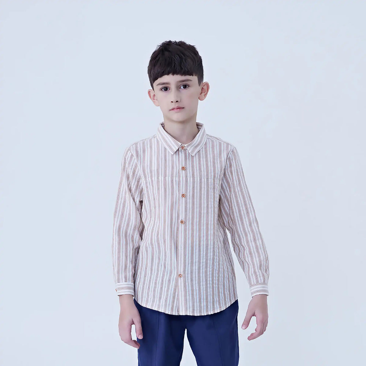 Beige Striped Linen Shirt For Boys Image