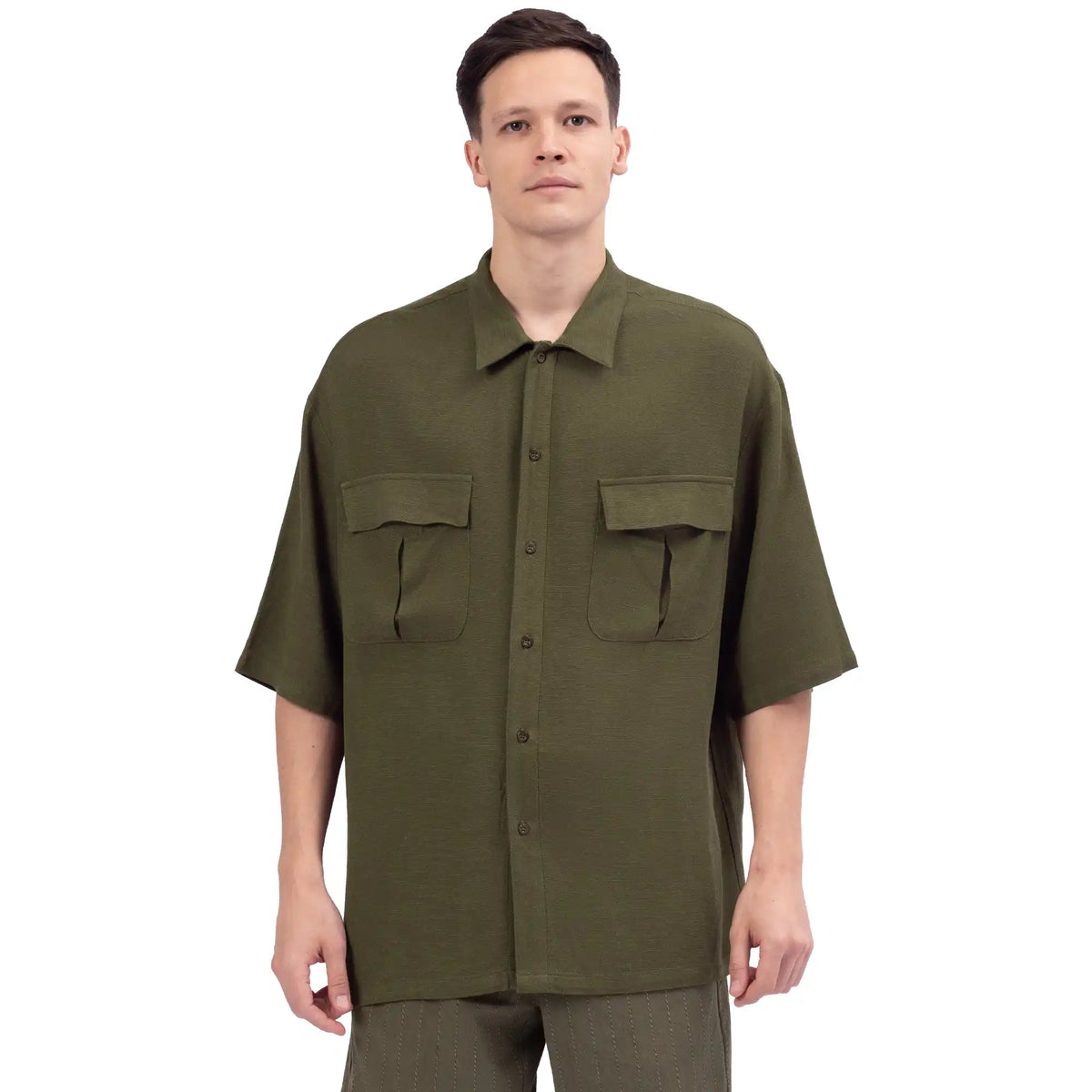 Army Green Plain Linen Shirt For Men Image
