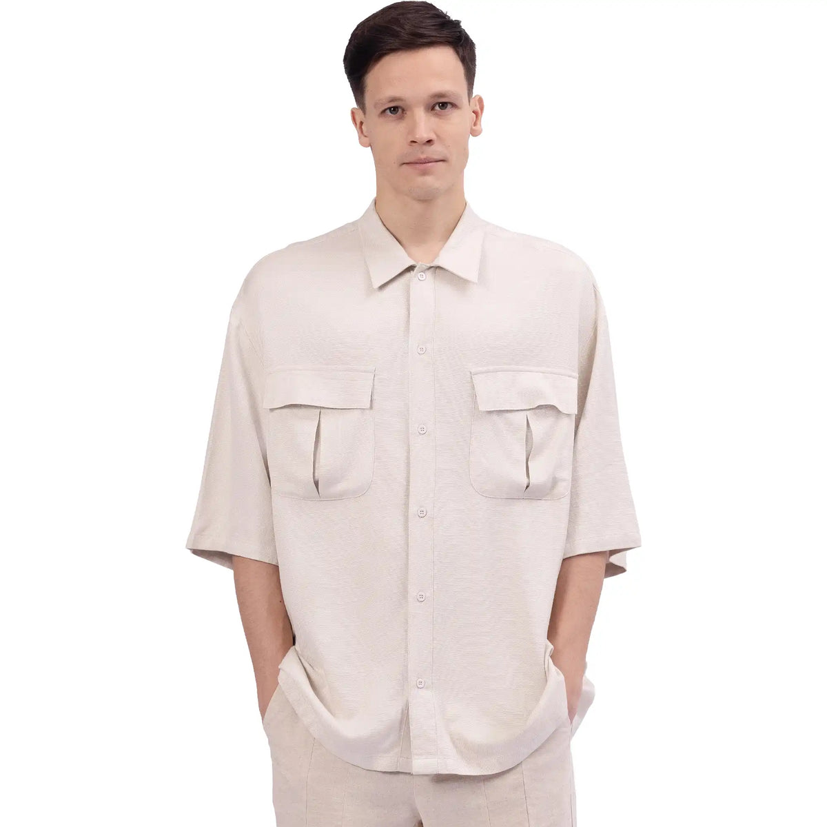 Beige Plain Linen Shirt For Men Image