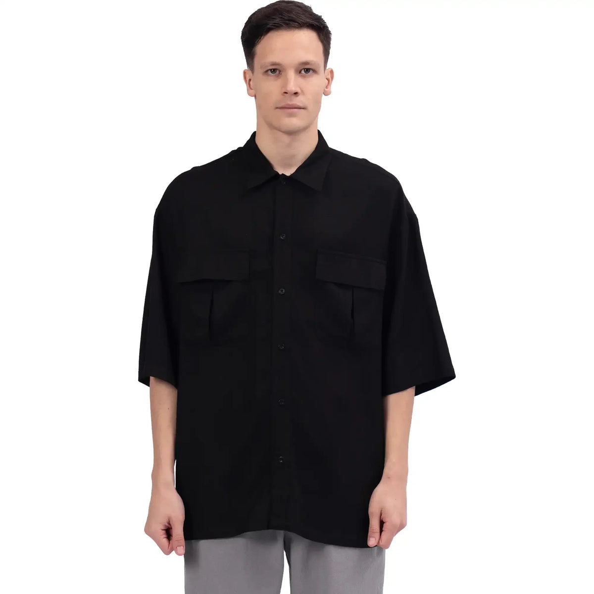 Black Plain Linen Shirt For Men Image