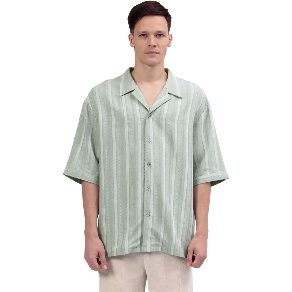 Green Striped Linen Shirt For Men Image