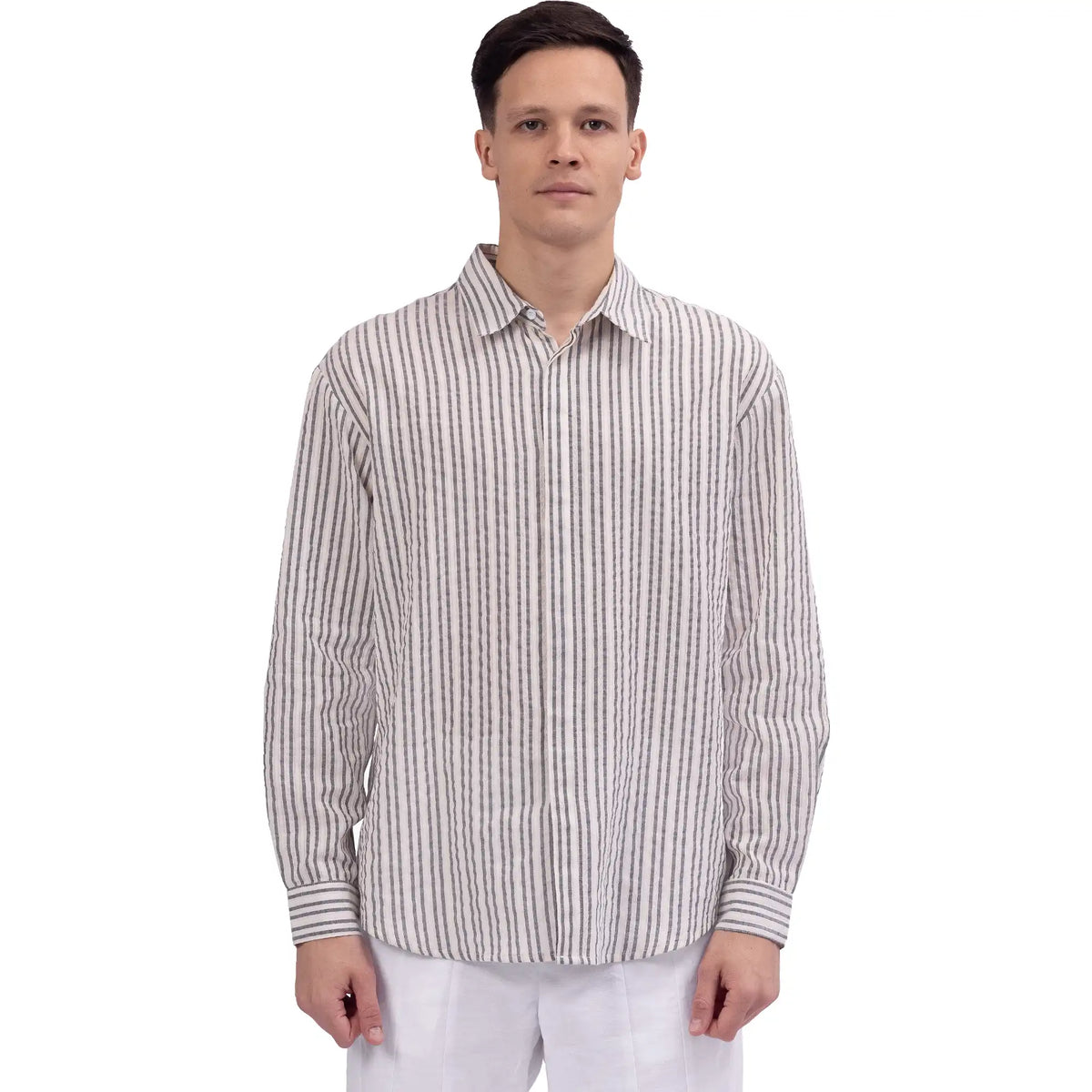 Dark Gray Striped Linen Shirt For Men Image