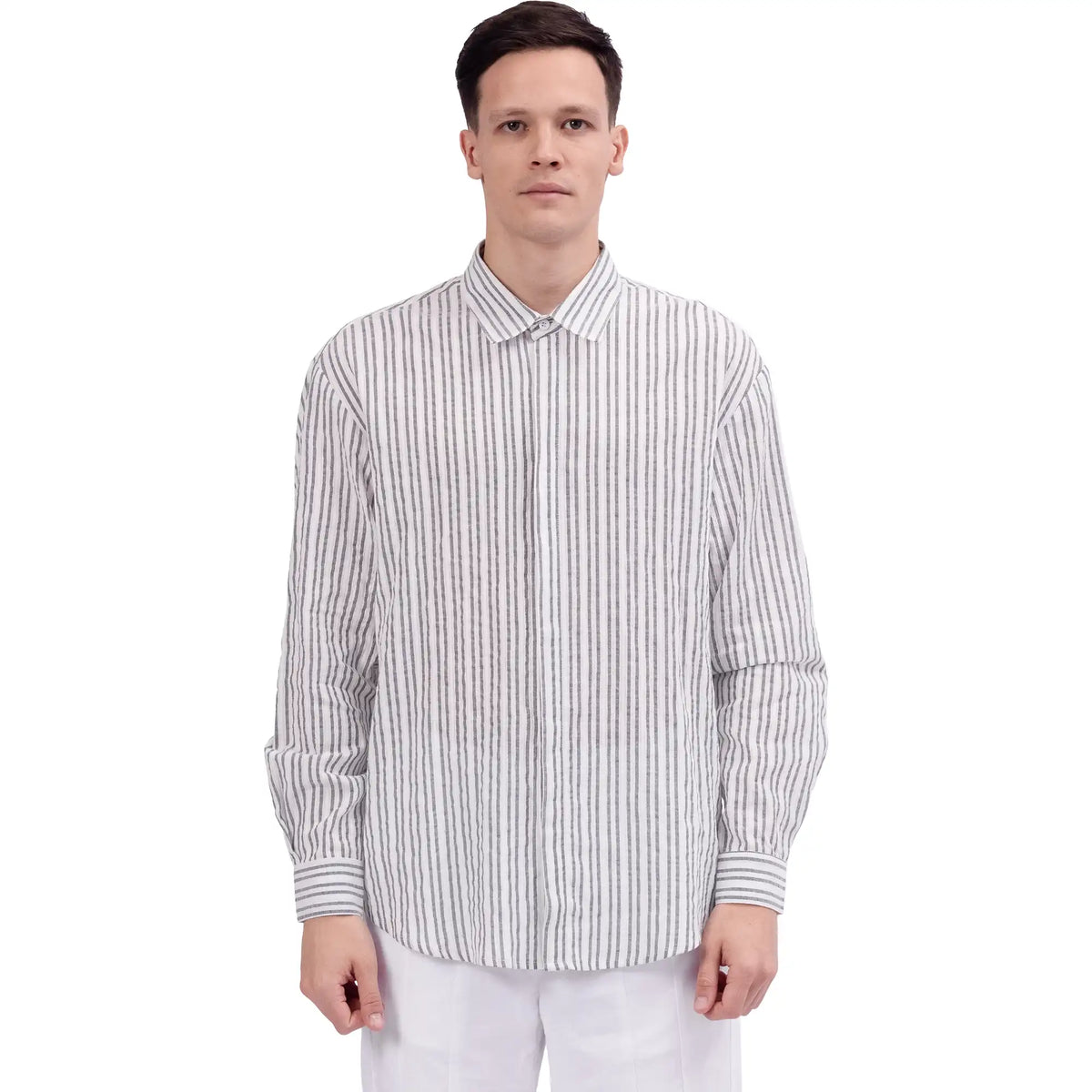 Light Gray Striped Linen Shirt For Men Image