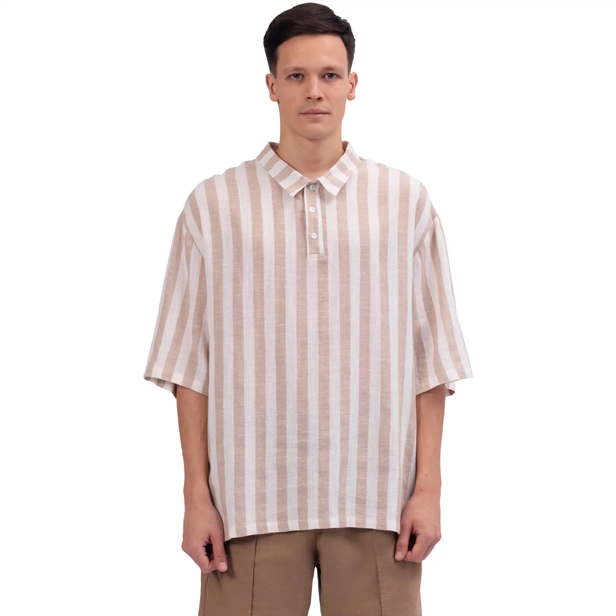Beige Striped Linen Blouse For Men Image