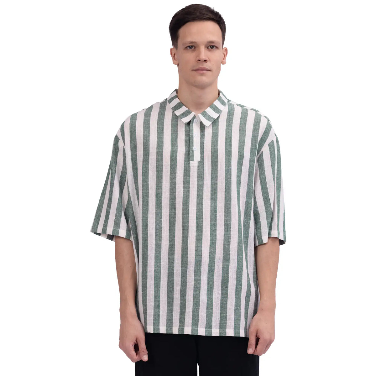 Green Striped Linen Blouse For Men Image